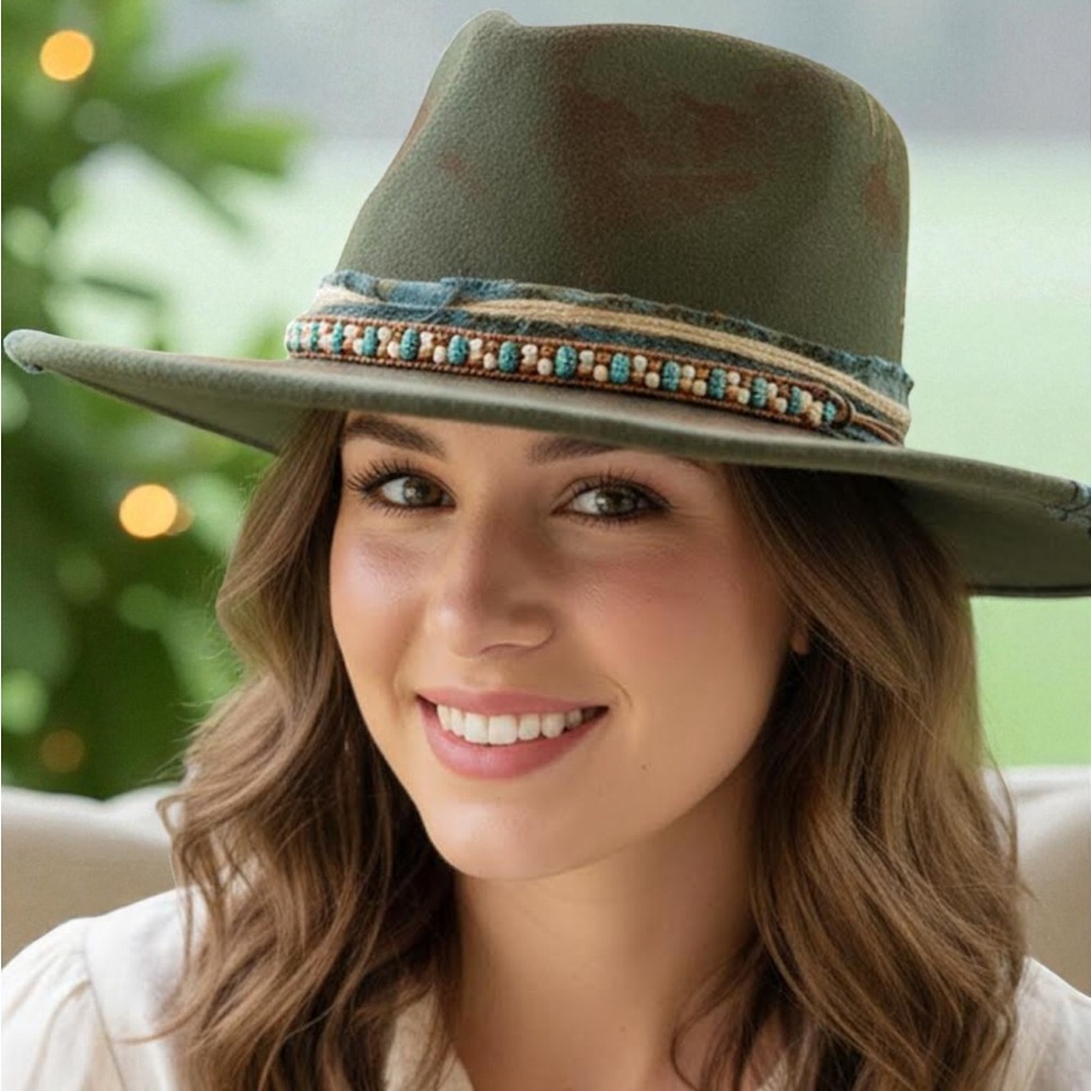 Green & Brown Vintage Inspired Distressed Band Rustic Western Fedora Hat